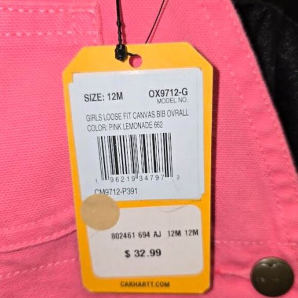 NWT Carhartt Girls Loose Fit Canvas Bib Overall Pink Lemonade Size 12M - Picture 2 of 4